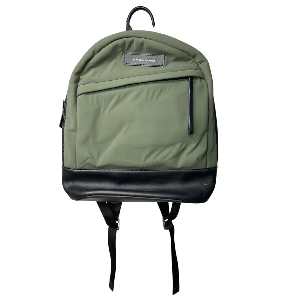 WANT Les Essentiels Piper Nylon Leather Backpack Green Black Basic Casual Travel